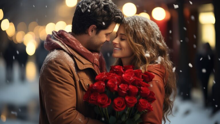 Happy couple in love on snowy street