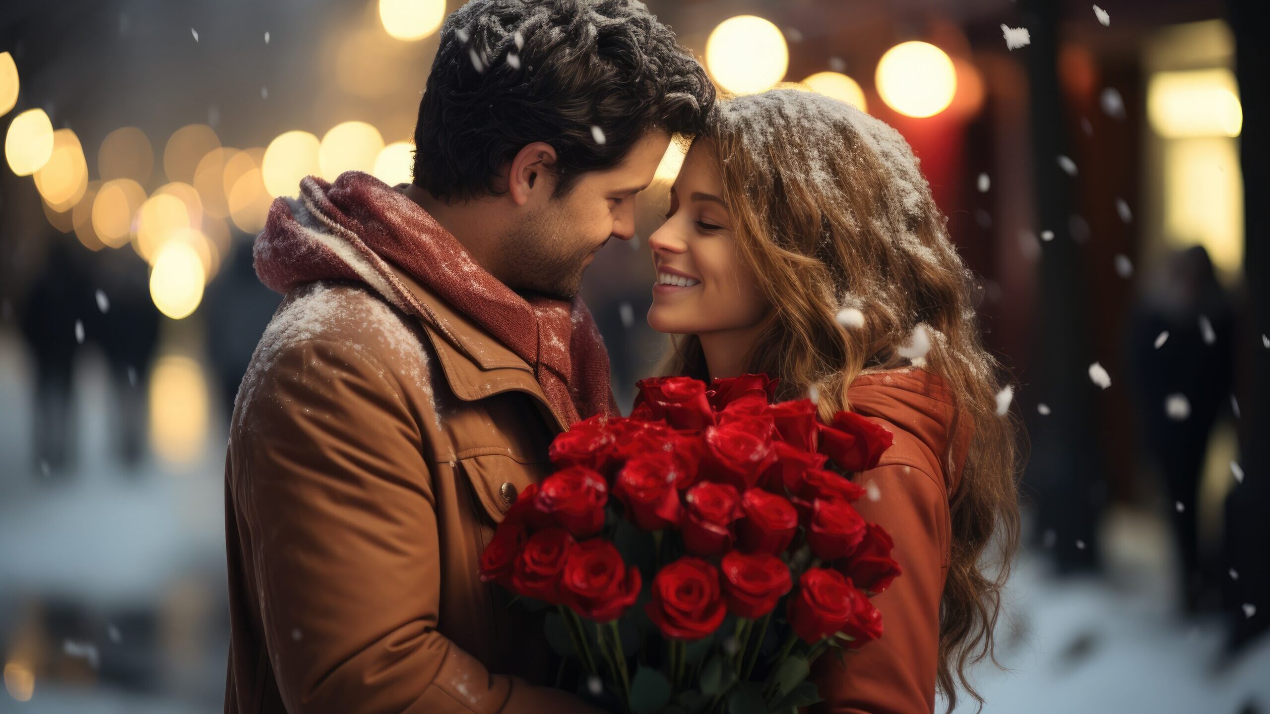 Happy couple in love on snowy street